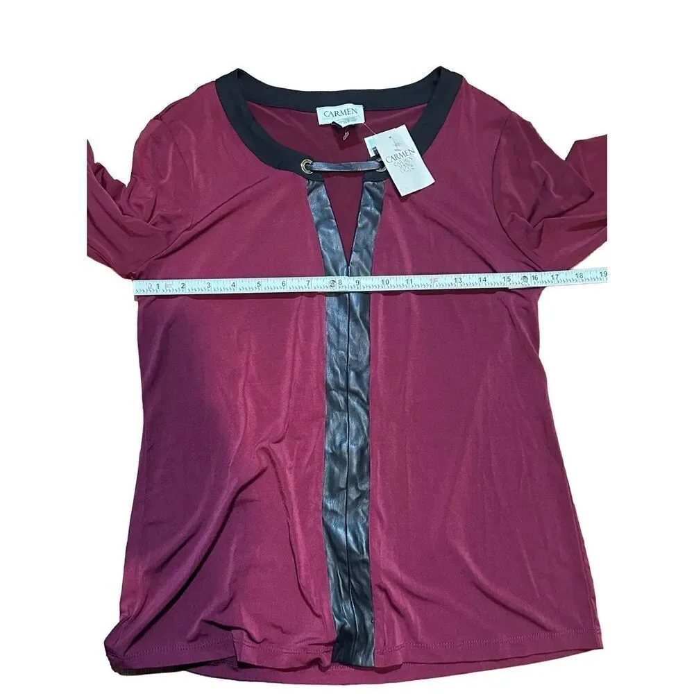 Carmen Marc Valvo wine red long sleeve blouse with faux‎ leather accent sz S NEW - Picture 4 of 6